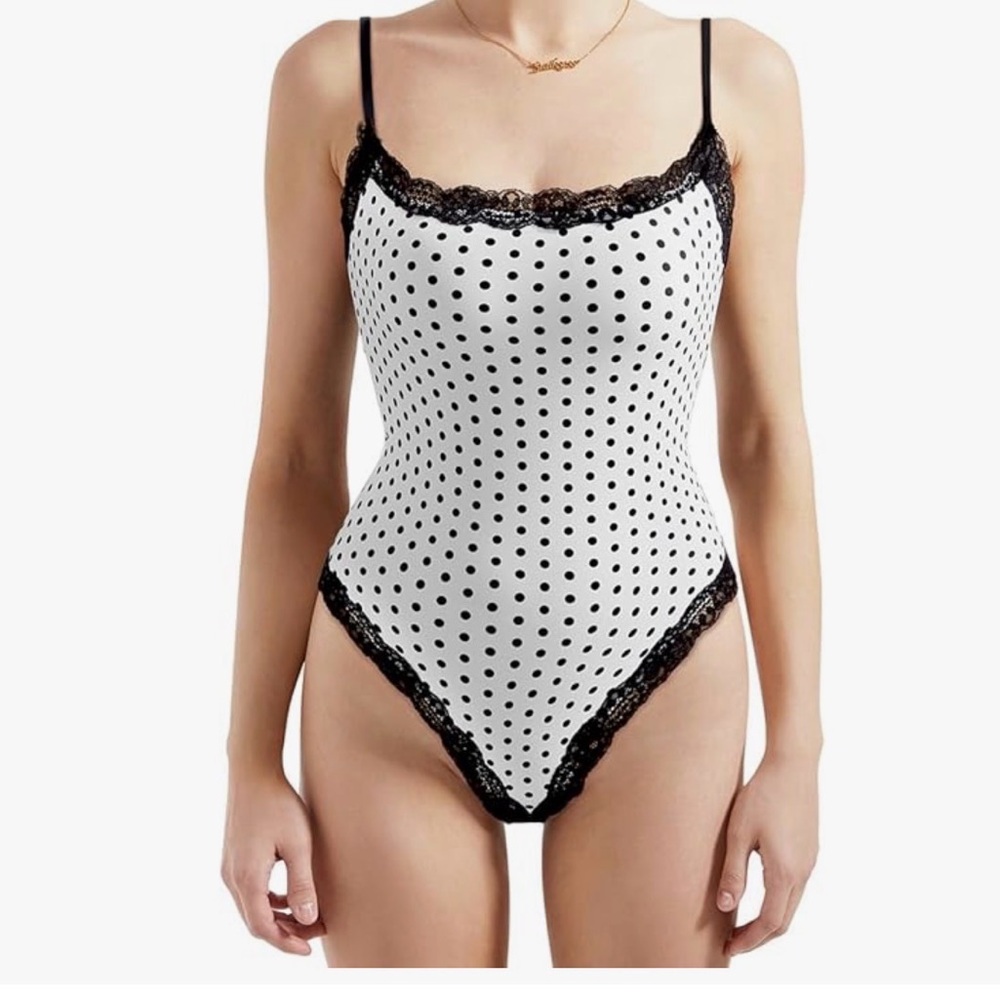 Suuksess Polka Dot Lace Trim Bodysuit - Black & White